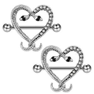 14G 316L Silver Crystal Heart Snake Nipple Rings - Set of 2